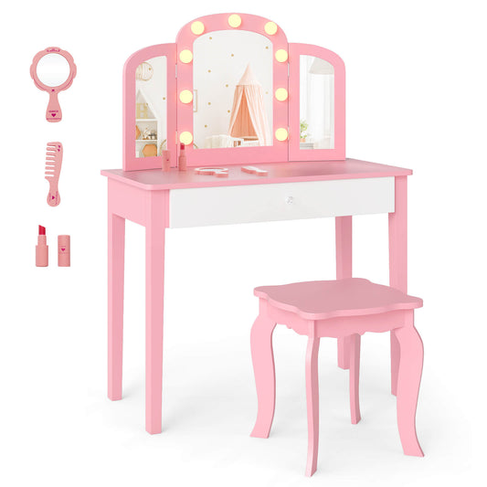 Infans Kids Vanity Table Set 2-in-1 Princess Makeup Dressing Desk with Mirror Stool DrawerPink