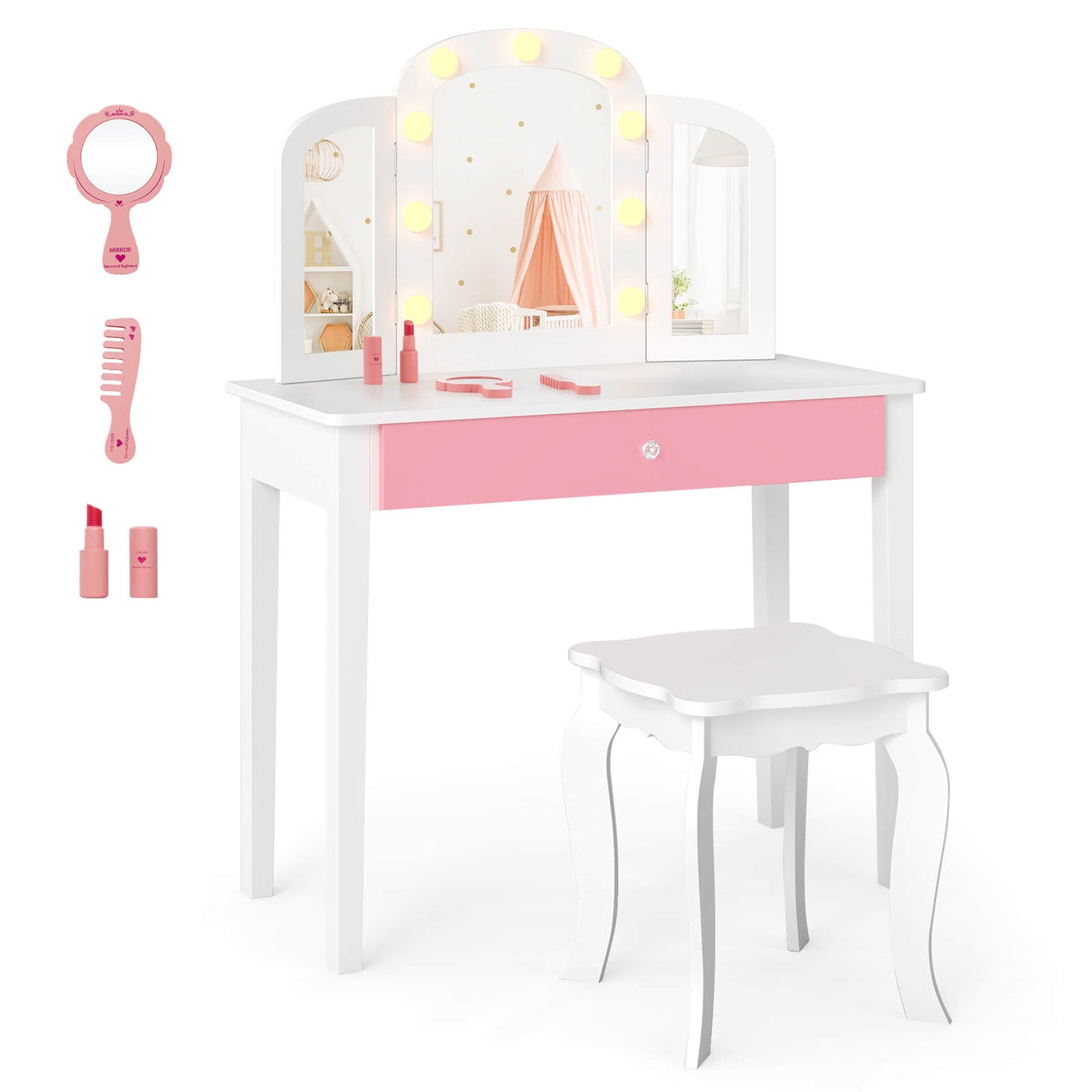 Infans Kids Vanity Table Set 2-in-1 Princess Makeup Dressing Desk with Mirror Stool DrawerWhite