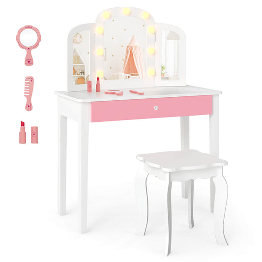 Infans Kids Vanity Table Set 2-in-1 Princess Makeup Dressing Desk with Mirror Stool DrawerWhite