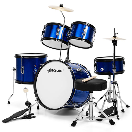 Infans Sonart 16 Inch 5-Piece Complete Kids Junior Drum Set Children Beginner Kit Blue