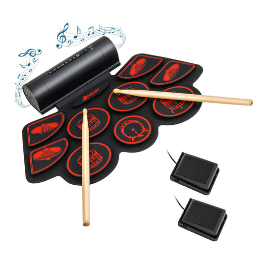 Infans 9 Pads Electronic Drum Set Roll Up Drum Kit w/ MIDI & Dual Stereo Speakers Red