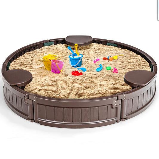Infans 4F Wooden Sandbox w/Built-in Corner Seat, Cover, Bottom Liner for Outdoor Play