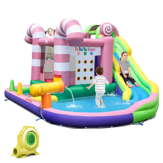 Infans 9-in-1 Inflatable Bounce House Sweet Candy Water Slide Park Pool w/ 735W Blower