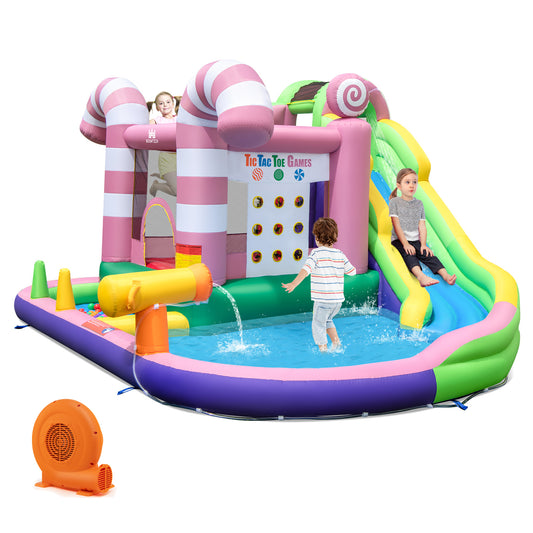 Infans 9-in-1 Inflatable Bounce House Sweet Candy Water Slide Park Pool w/ 750W Blower