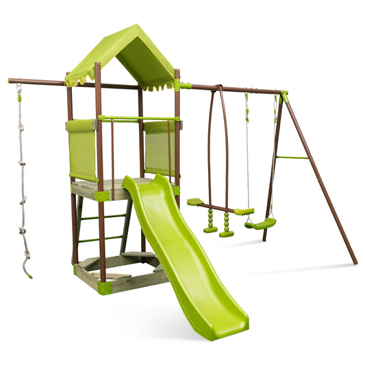 Infans 7-in-1 Swing Set with Covered Fort Height Adjustable Swing Climbing Rope Sandbox