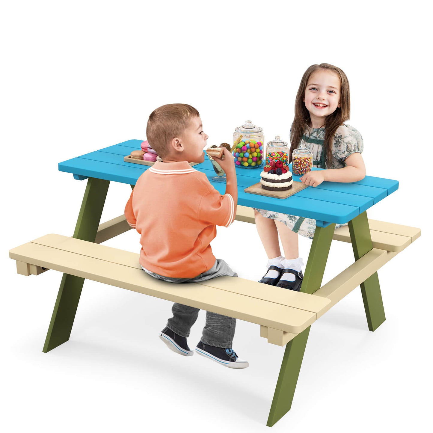 Infans Kids Wooden Picnic Table Set Solid Dining Table with Built-in Benches for Patio