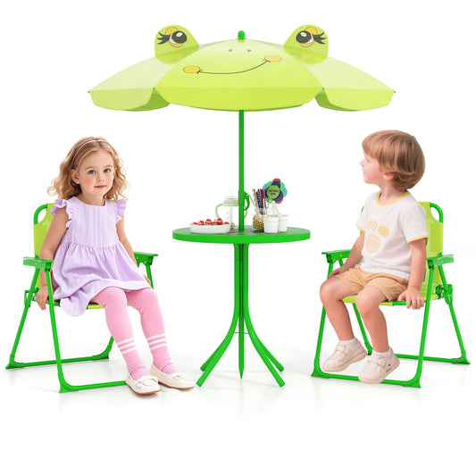 Infans Kids Picnic Table and Chair Set with 2 Folding Chairs and Height Adjustable UmbrellaMulticolor