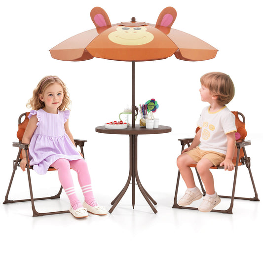 Infans Kids Picnic Table and Chair Set with 2 Folding Chairs and Height Adjustable UmbrellaBrown
