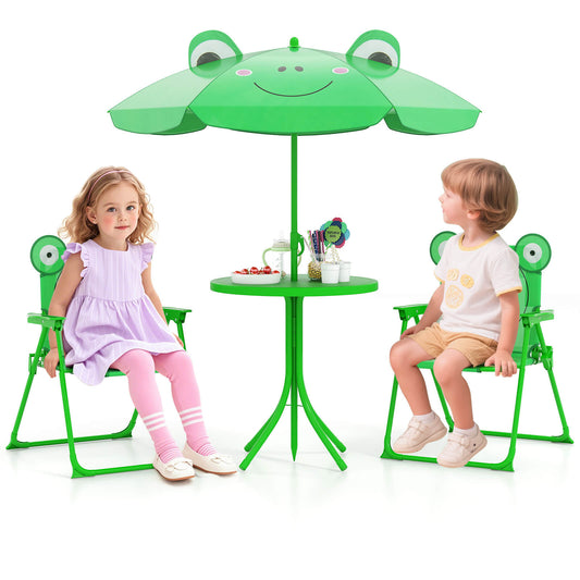 Infans Kids Picnic Table and Chair Set with 2 Folding Chairs and Height Adjustable UmbrellaGreen