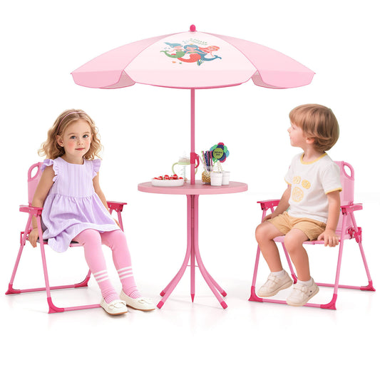 Infans Kids Picnic Table and Chair Set with 2 Folding Chairs and Height Adjustable UmbrellaPink