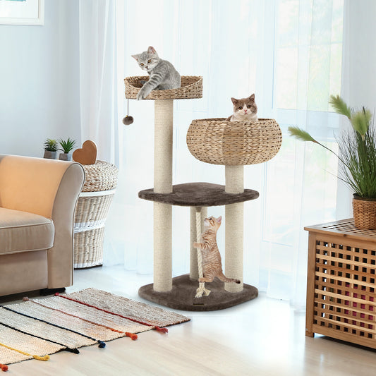 Infans 41 inch Rattan Cat Tree Cat Activity Tree w/Napping Perch & Hanging Rope