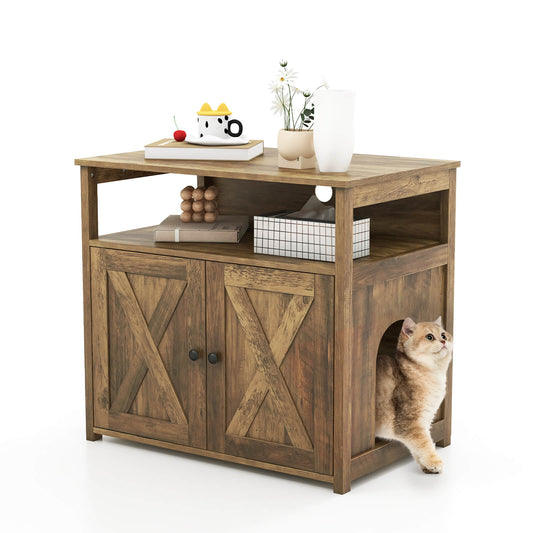 Infans Cat Litter Box Enclosure with Double Barn Doors Divider Side Entry Storage Shelf