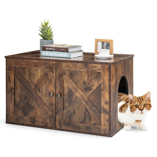 Infans Wooden Cat Litter Box Enclosure Hidden Cabinet Furniture w/ Divider Pet House