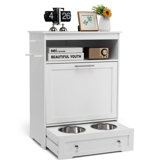 Infans Pet Feeding Station Furniture w/ Double Pull Out Dog Bowl Food Cabinet WhiteWhite