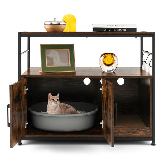 Infans Cat Litter Box Enclosure w/ Open Shelves Wooden Cat House Nightstand End Table