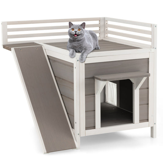 Infans Outdoor Feral Cat House Wooden Kitty Shelter with Balcony & Slide