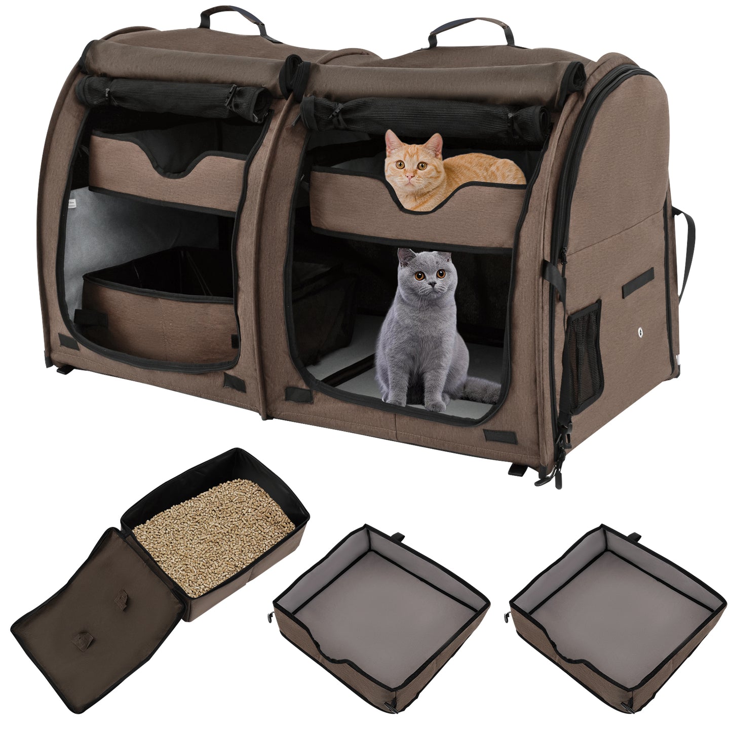 Infans Portable Pet Carrier Kennel Cat Dog Crate Twin Compartments w/ Mats Litter BoxBrown