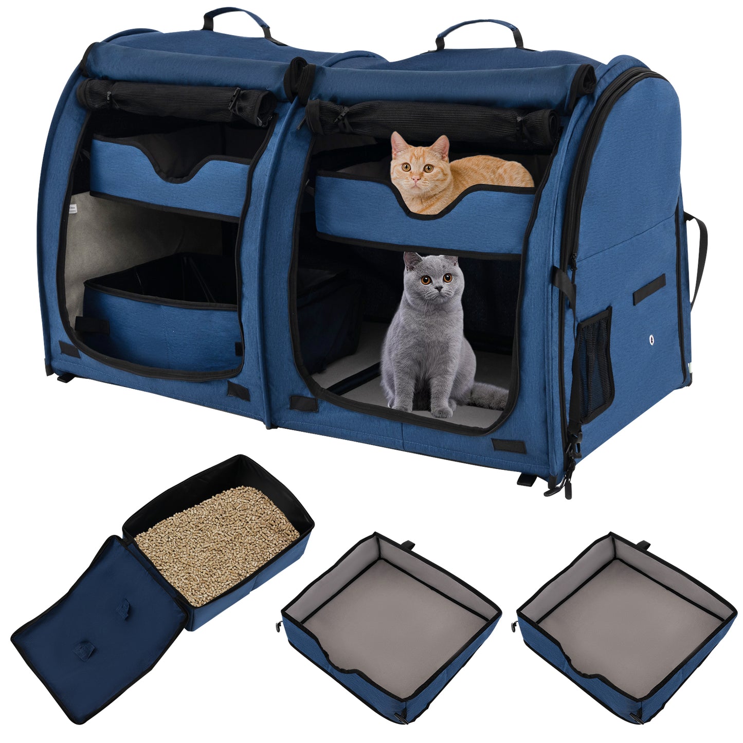 Infans Portable Pet Carrier Kennel Cat Dog Crate Twin Compartments w/ Mats Litter BoxNavy Blue