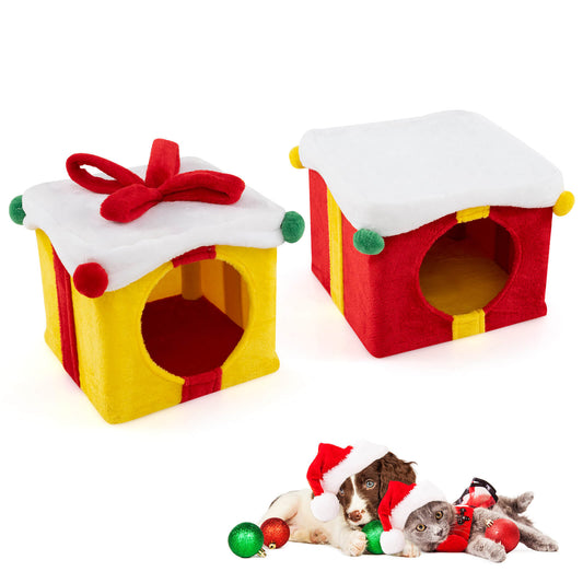 Infans 2-Storey Cute Christmas Cat House with Bow 2 Condos Indoor Cat Furniture Modern