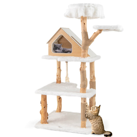 Infans 60 inch Tall Solid Wood Cat Tree w/ 2 Perches Condo Jute Scratching Posts Sisal Rope
