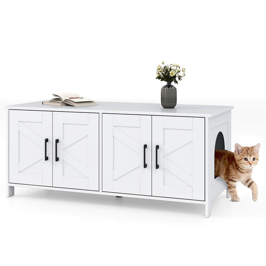 Infans Cat Litter Box Enclosure for 2 Cats w/ Double Rooms Wooden Cat Washroom Cabinet