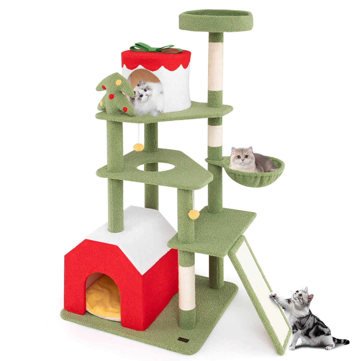 Infans 61 inch Tall Christmas Cat Tree w/ Sisal Scratching Posts Plush Perch & 2 Condos