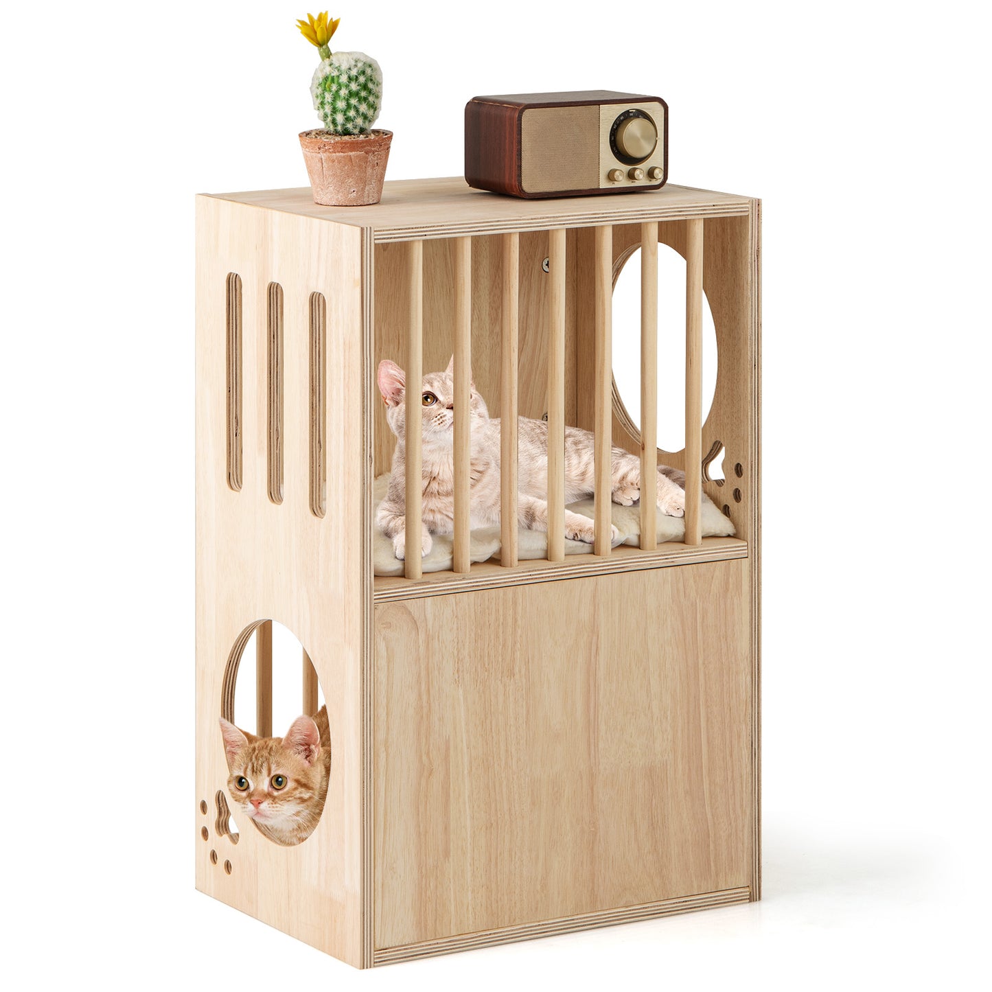 Infans 2-tier Wooden Cat Condo Indoor Symmetrical Cat House w/ Removable Cushions