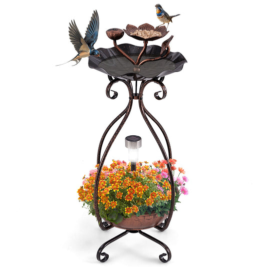 Infans Solar Outdoor Bird Bath & Feeder Combo w/ Flower Planter Pedestal & Solar LightsAntique Bronze