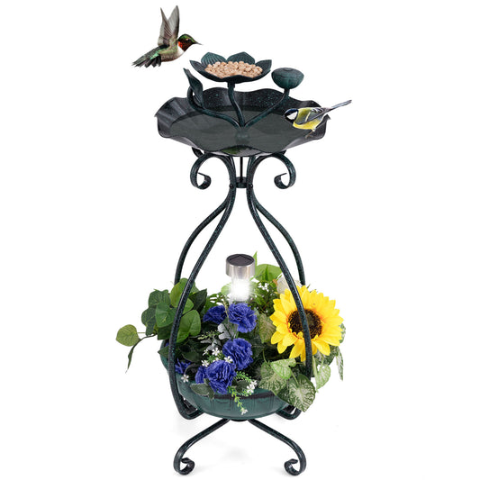 Infans Solar Outdoor Bird Bath & Feeder Combo w/ Flower Planter Pedestal & Solar LightsBronze