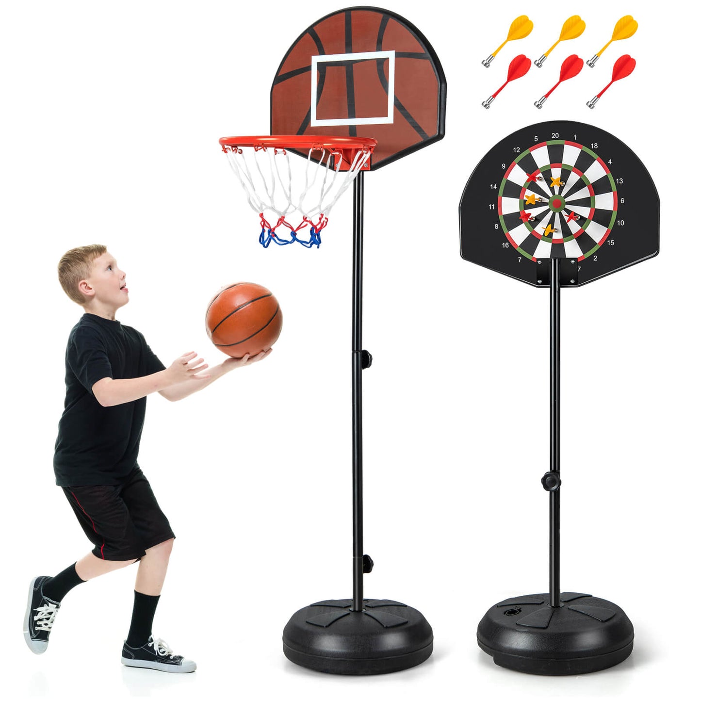 Infans 2-in-1 Kids Basketball Hoop with Dart Board Double-sided Backboard & 6 Darts