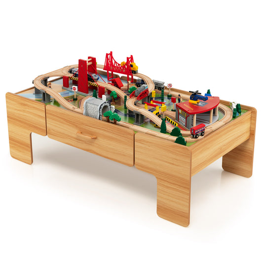Infans Kids Wooden Train Set & Double-Sided Table Playset w/100 Pieces & Storage Drawer