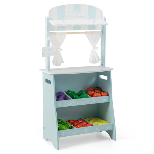 Infans Kidfts Farmers Market Stand Wooden Grocery Store Set w/ Cutting Veggies & FruitsBlue