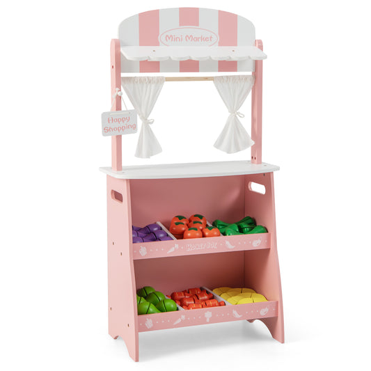 Infans Kidfts Farmers Market Stand Wooden Grocery Store Set w/ Cutting Veggies & FruitsPink