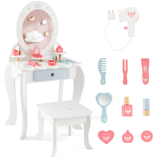Infans Kids Vanity Set Makeup Table & Chair Sweet Accessories Included Storage Drawer