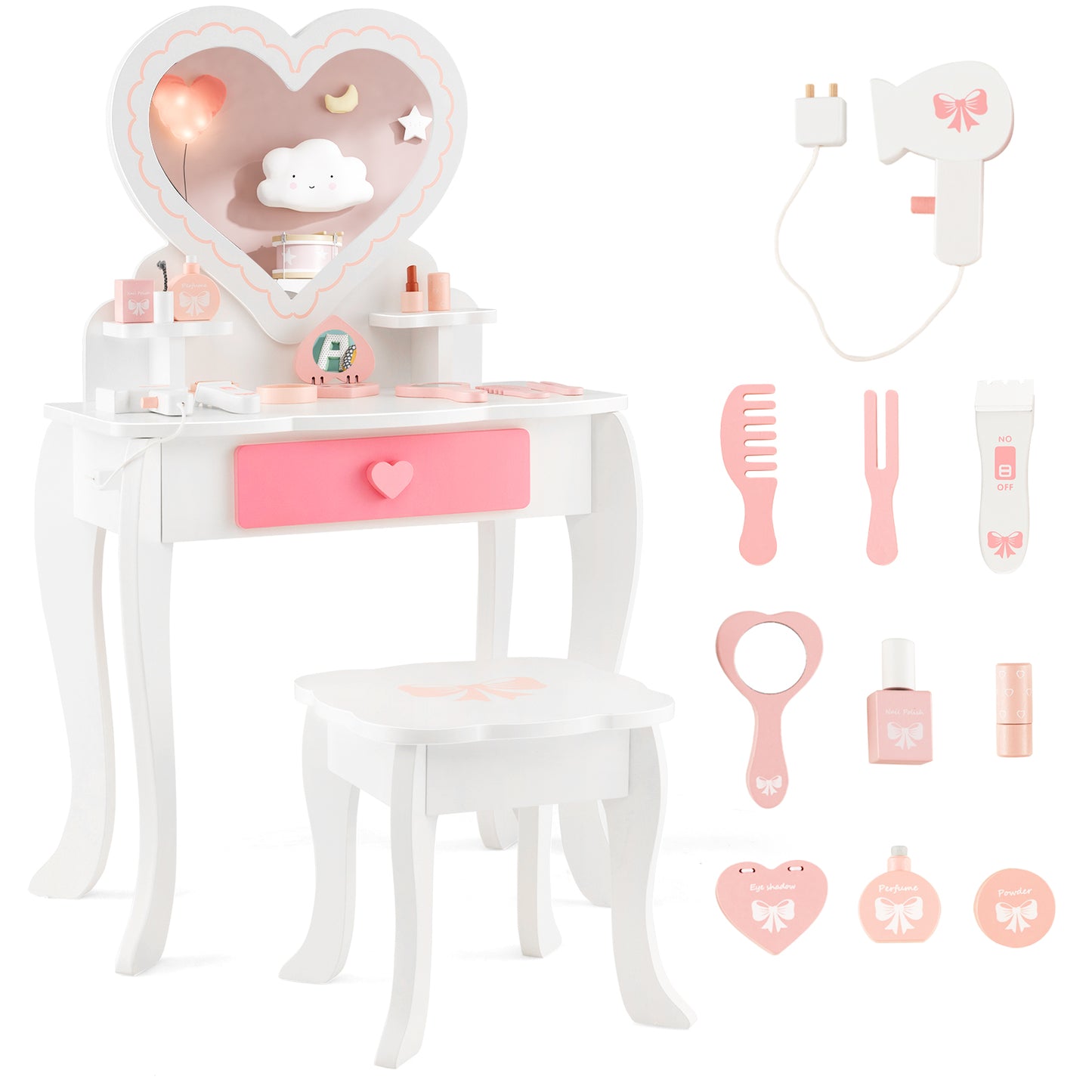 Infans Kids Vanity Set Makeup Table Chair Set Heart-shaped Mirror Accessories Included
