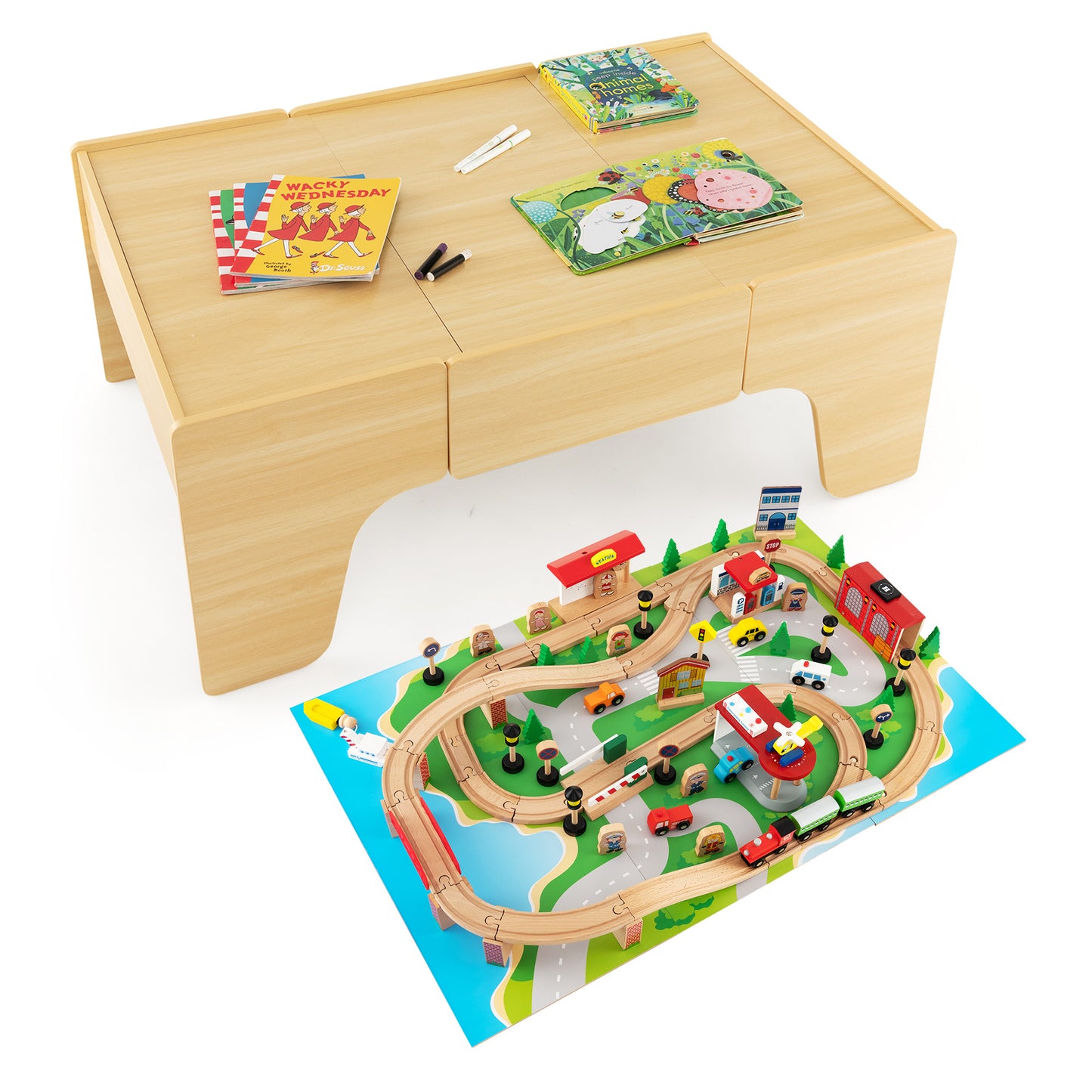 Infans Kids Wooden Train Table Set 84 PCS Playset w/ Reversible Tabletop Storage Drawer
