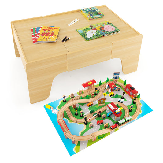 Infans Kids Wooden Train Table Set 84 PCS Playset w/ Reversible Tabletop Storage Drawer