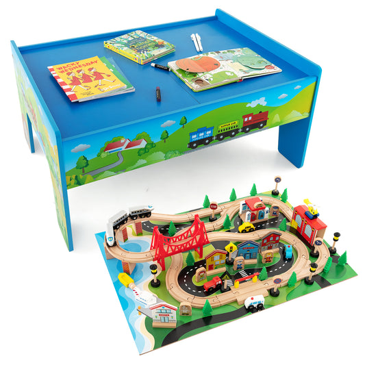 Infans Kids Wooden Train Table Set 80 PCS Activity Playset w/ Reversible Tabletop