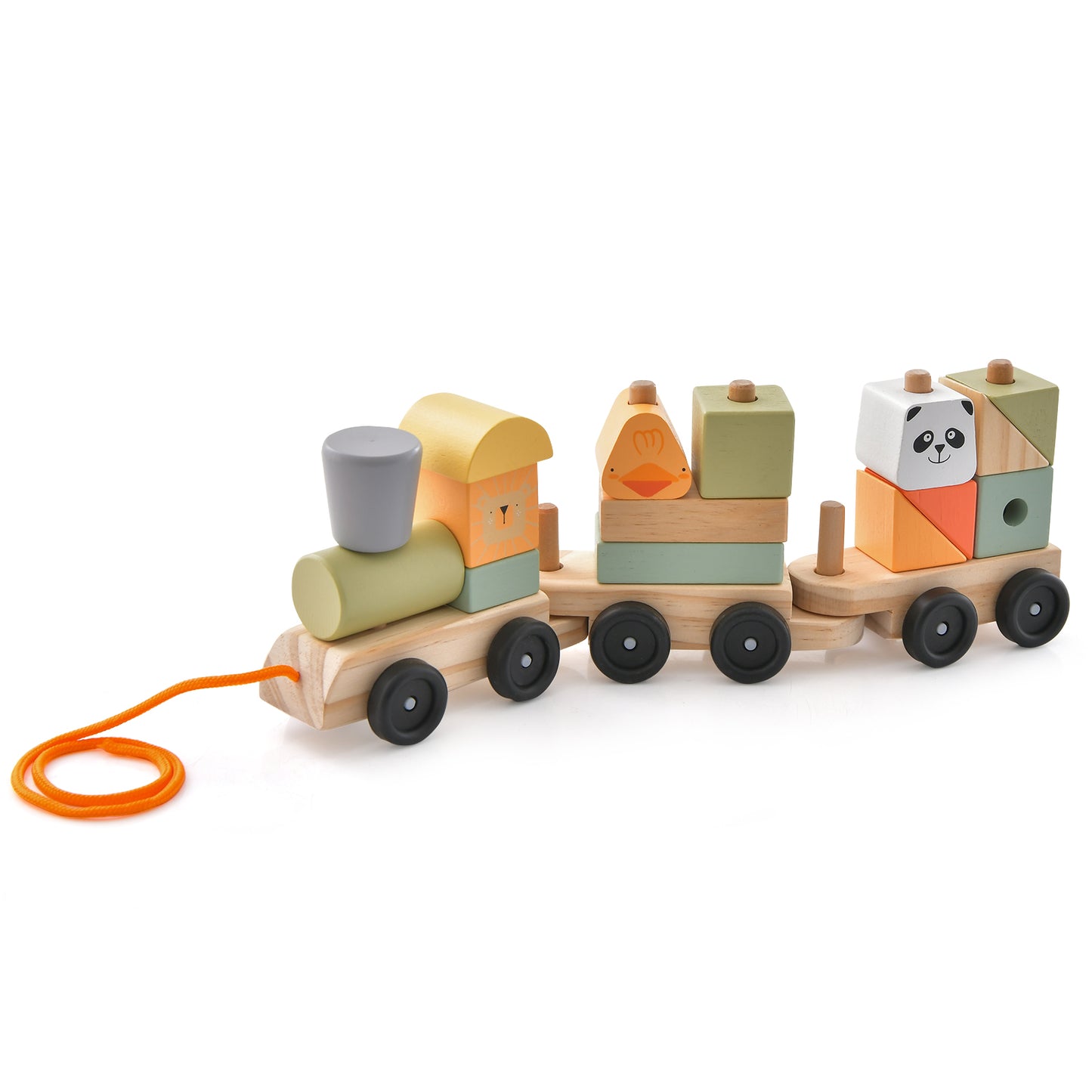 Infans Kids Wooden Train Set Toddler 3-Section Toy Train w/ Stackable Building Blocks