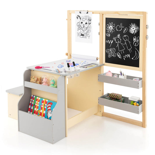 Infans Kids Art Center Wooden Table Bench Set Adjustable Double-Sided Easel Storage