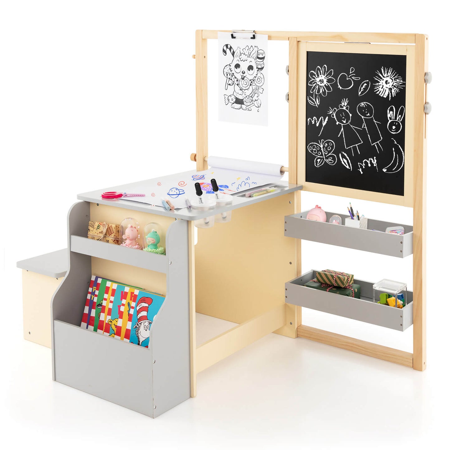 Infans Kids Art Center Wooden Table Bench Set Adjustable Double-Sided Easel StorageGray