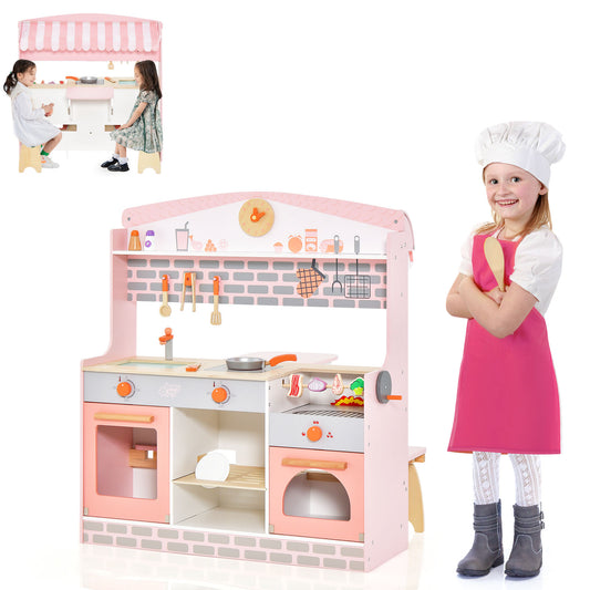 Infans 2 in 1 Kids Play Kitchen & Restaurant Double-Sided Pretend Playset with Canopy
