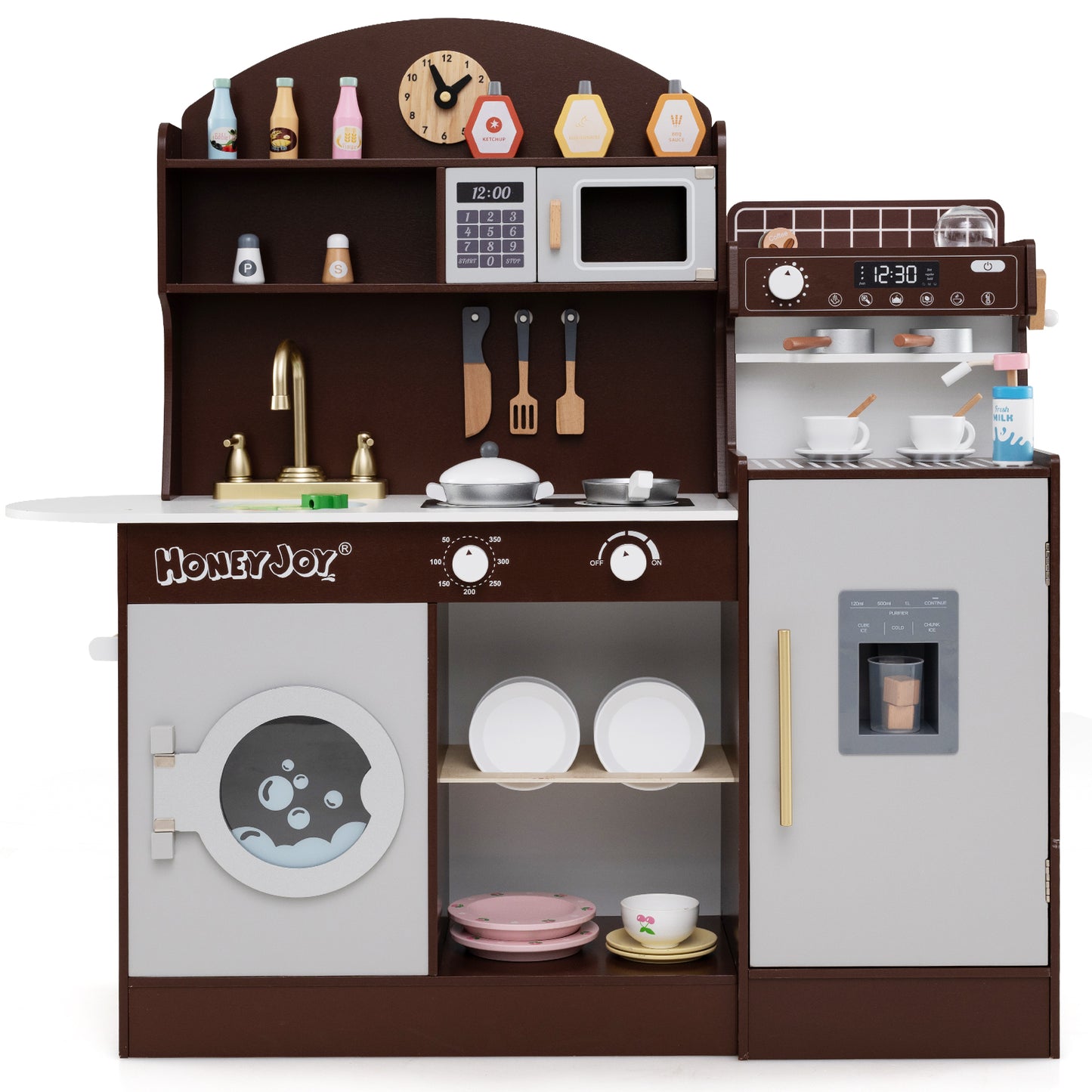 Infans Kids Kitchen Set Wooden Kitchen Playset with Clock, Microwave, Sink, Dish RackBrown