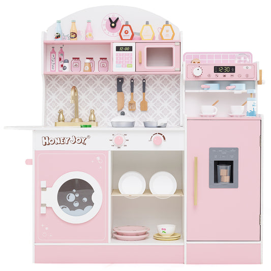 Infans Kids Kitchen Set Wooden Kitchen Playset with Clock, Microwave, Sink, Dish RackPink