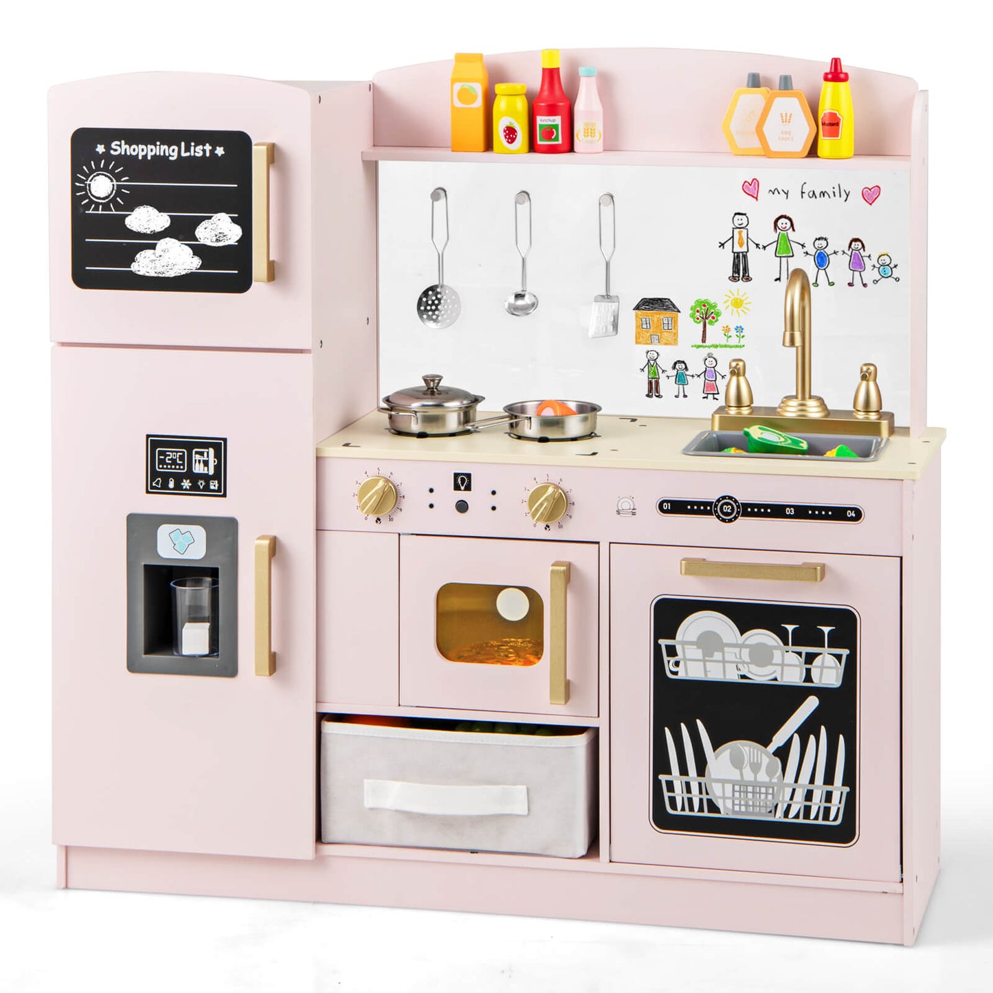 Infans Kids Pretend Play Kitchen Set Wooden Kitchen Playset w/ Fabric Drawer Pink