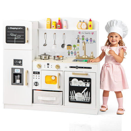 Infans Kids Pretend Play Kitchen Set Wooden Kitchen Playset w/ Fabric Drawer White