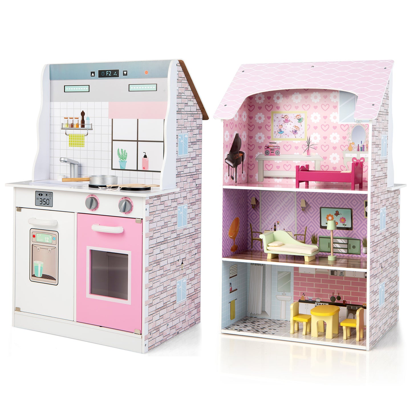 Infans Kids Kitchen Playset & Dollhouse 2-In-1  W/ Accessories & Furniture For Toddlers