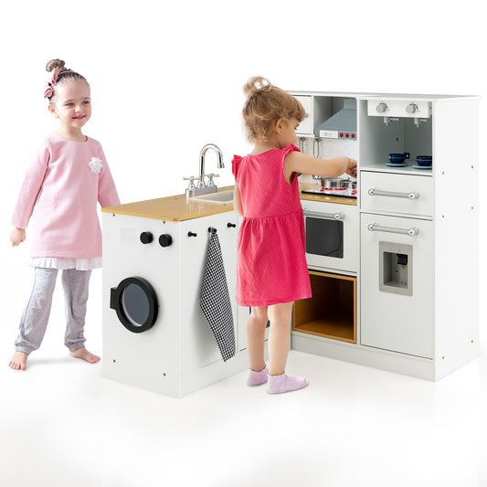 Infans Kids Kitchen Playset Wooden Play Kitchen Toy W/ Light&Sound,Stove,Stool,Icemaker