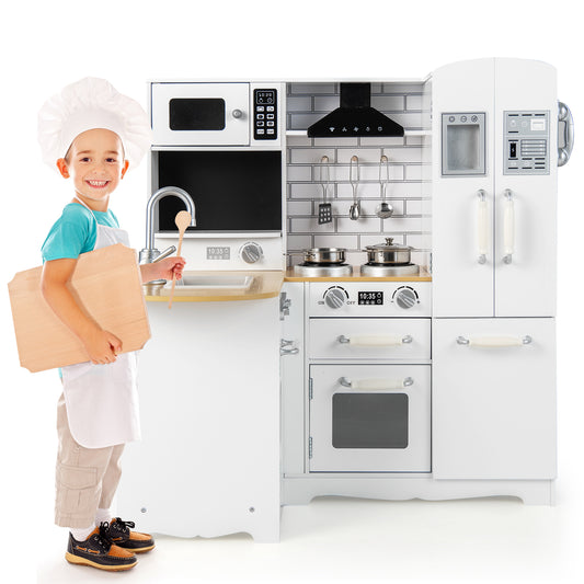Infans Kid's Corner Kitchen Playset Wooden Pretend Kitchen Play Toy Set W/Sound Effect