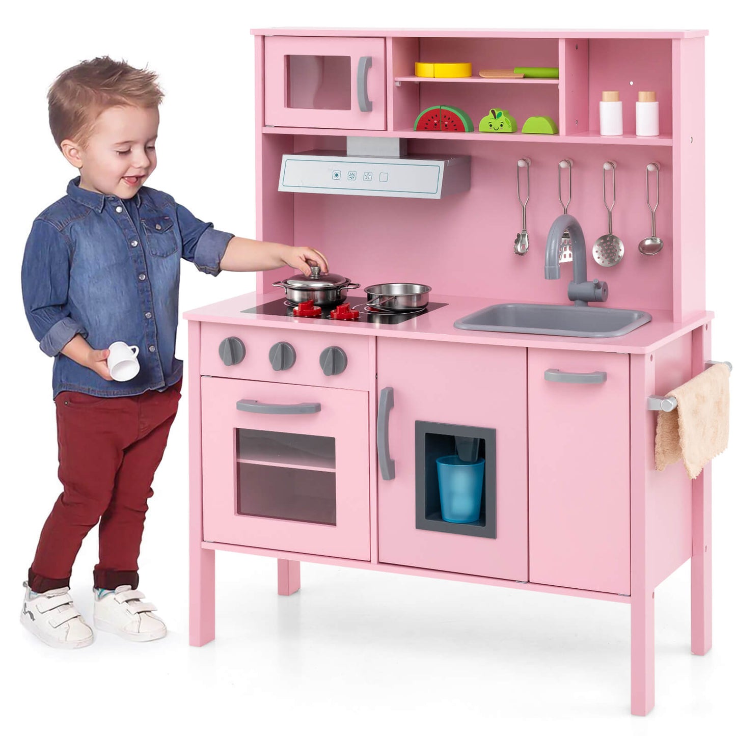 Infans Kids Kitchen Playset Wooden Pretend Play Chef Toy w/ Microwave & Accessories